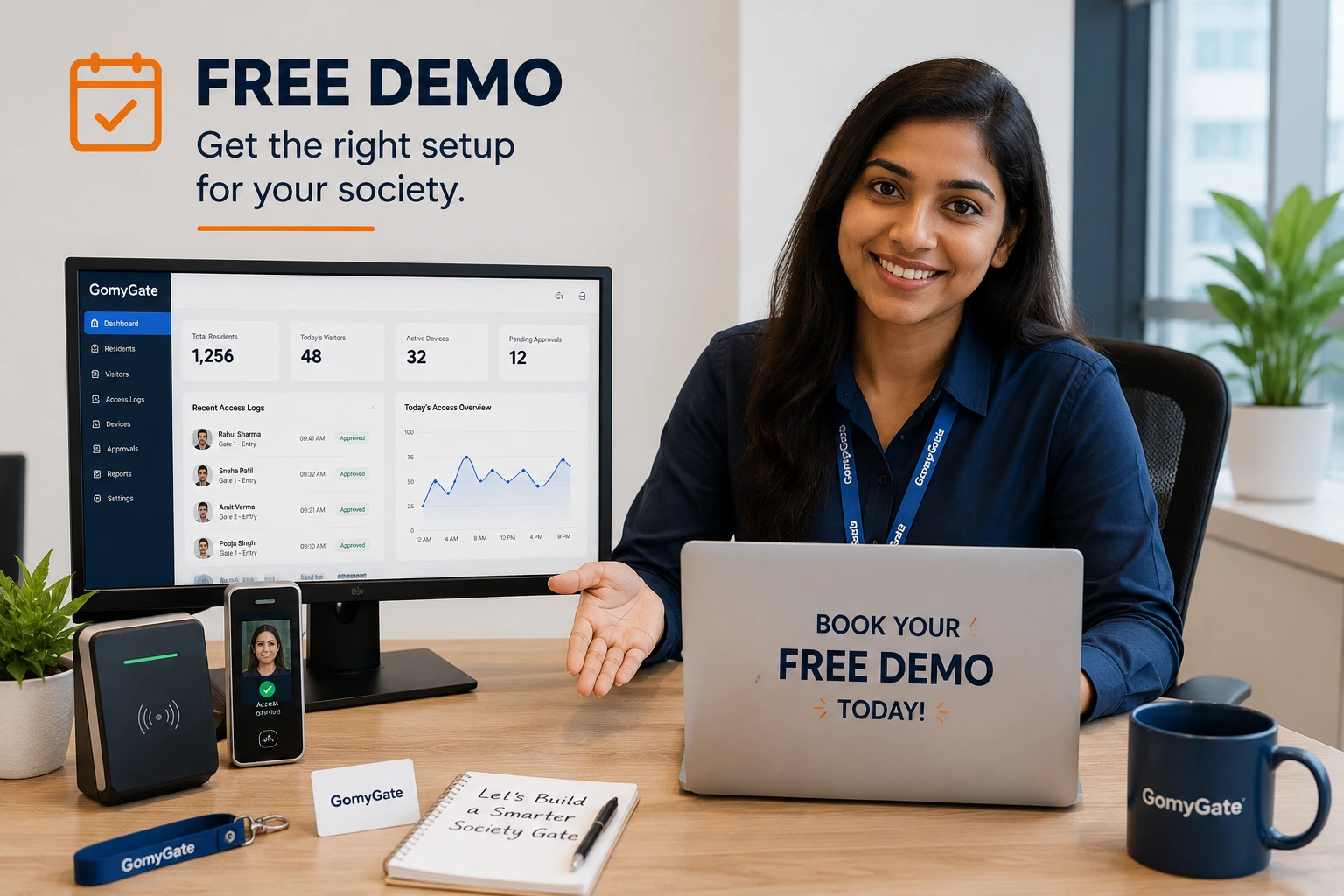 GomyGate free demo booking image with sales team and dashboard